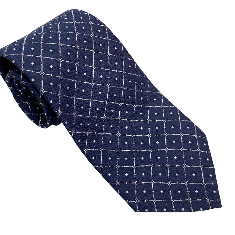 Brooks Brothers 346 Navy Blue 100% Silk Grid Foulard Tie Office Career Work Gift